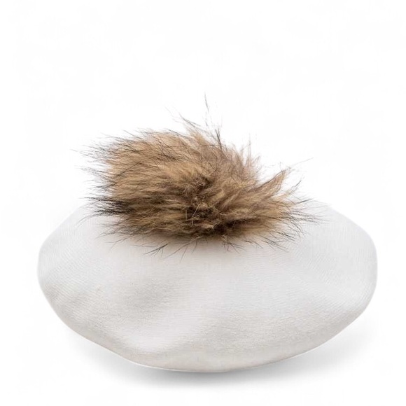 Burgundy Cashmere Blended French Beret with Raccoon Fur Pom Hat main image 7
